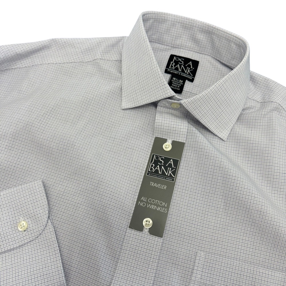 Jos. A. Bank Traveler Dress Shirt Mens 15.5 32 White Micro Check Cotton NWT